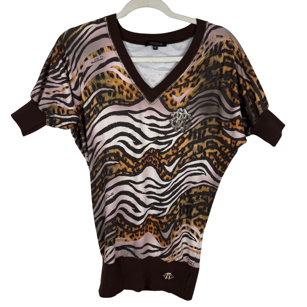 Y2K Roberto Cavalli Womens Animal Print V Neck‎ Rhinestone Embellished Top S